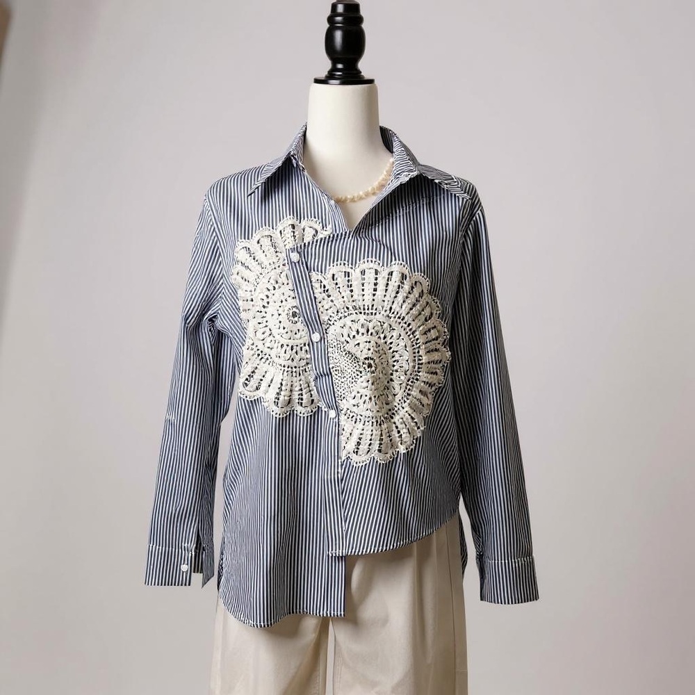 Blue Striped Women's Top with White Crochet Detail